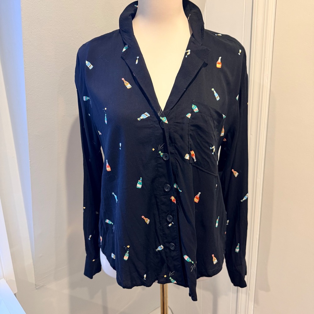 Maeve by Anthropologie Black Champagne Bottle Print Button Down Blouse | Size S